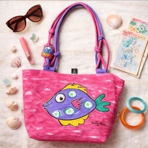 Vintage Sally Huss Fish Tote Whimsical Wearable Art Pink Canvas Purse